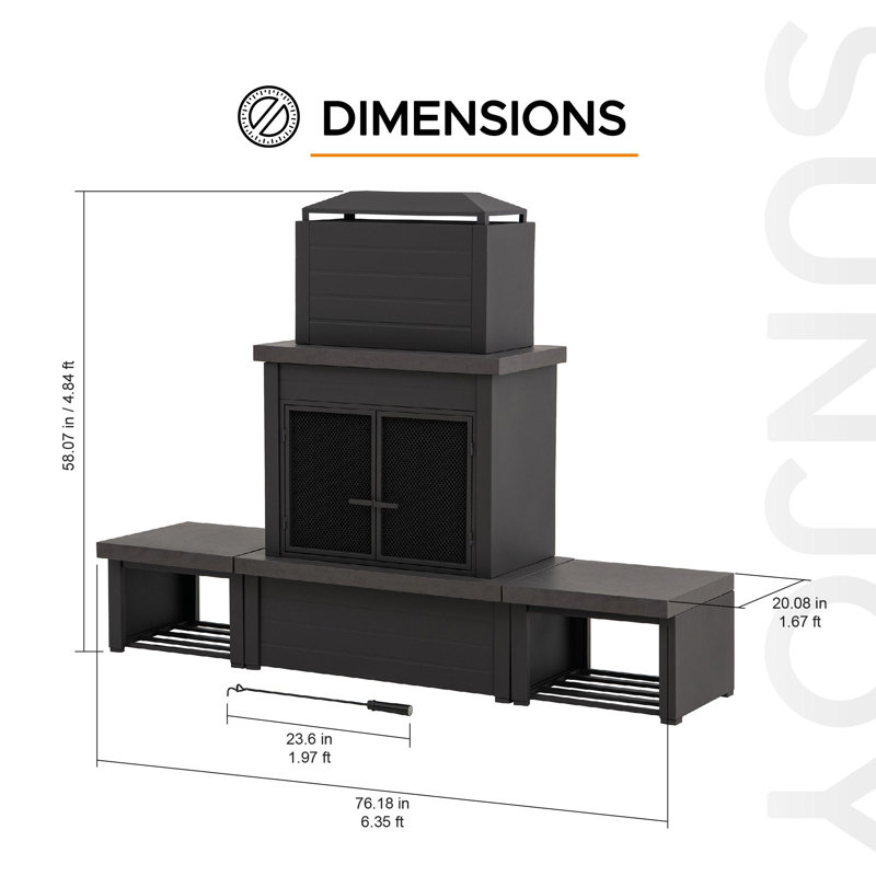 SUNJOY 76 in. Modern Outdoor Wood-Burning Steel Fireplace with Chimney, 2 Side Log Holders, Locking Mesh Doors, Removable Ash Pan, Poker and PVC Cover, Brown