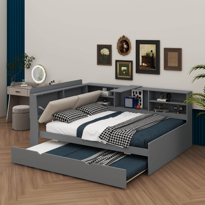 Practical Platform Bed With Pull Out Trundle Shelving Units And Storage Headboard, Grey