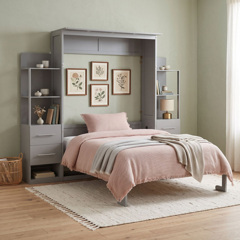 Lit escamotable en bois multi-fonctions, Gris, Double