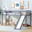 Lit simple mezzanine bas avec glissade, échelle, barrières de sécurité, lit mezzanine simple en bois d'hévéa-124917502
