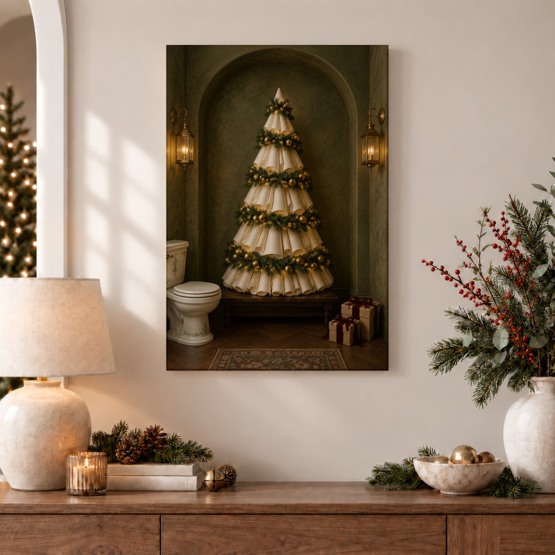 " Paper Scroll Tree With Gold Baubles In Arched Christmas ", 48"H x 32"W