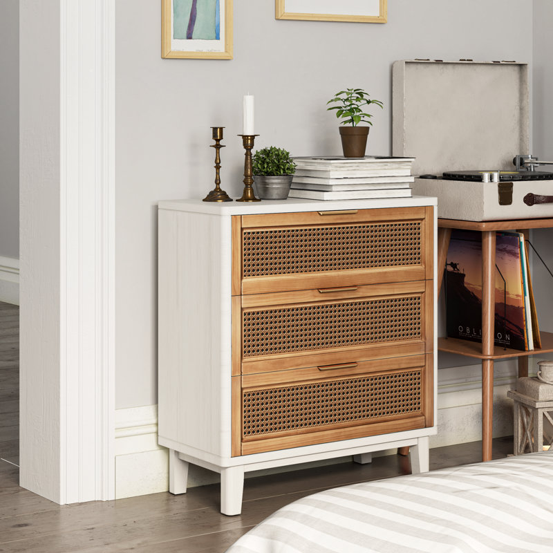 Aril 3-Drawer Woven Cane Front Accent Chest, Mid Century Modern 3 Drawers Nightstand, White