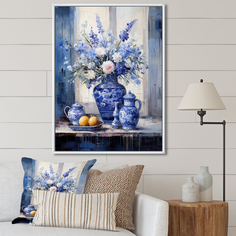 Boho bleu et blanc plante poterie IV - Boho, Cadre flottant blanc, H 32 po x l 24 po x P 1 po