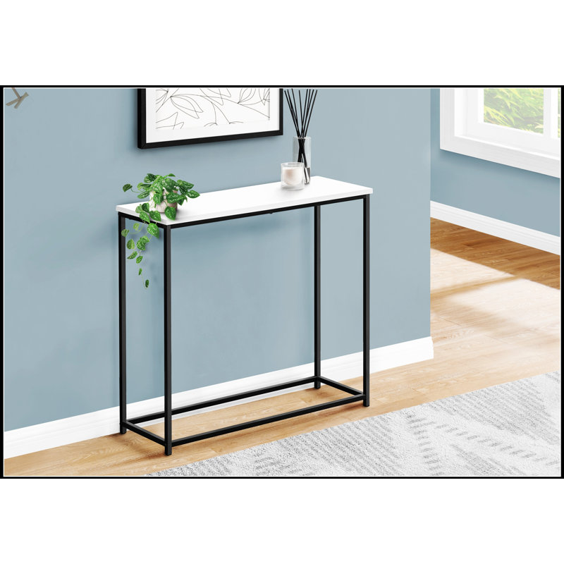 Console étroite et moderne avec plateau en stratifié blanc et structure en métal noir, parfaite pour les entrées et les côtés des canapés.