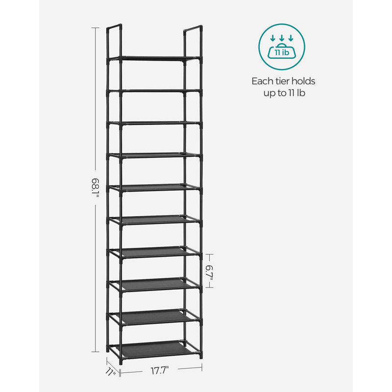 Shoe Rack, 10 Tier Shoe Shelf, Shoe Storage Organizer, Space-Saving, Metal Frame, Non-Woven Fabric Shelves, Black