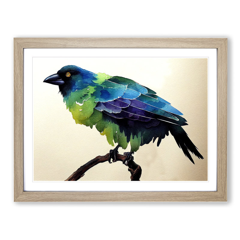 Crow Bird Watercolour - Framed Print, 46cm H x 64cm W x 2cm D, Oak