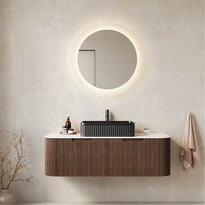 Meuble-lavabo 48 po avec lavabo, meuble-lavabo mural à bords arrondis et courbes avec 2 tiroirs, lavabo rectangulaire en céramique noire, sans robinet, pré-assemblé, couleur noyer foncé