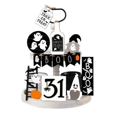 9 Pcs Halloween Tiered Tray Decor Set Cute Halloween Wooden Signs Tiered Tray Decoration Items For Home Table House Room Kitchen Party