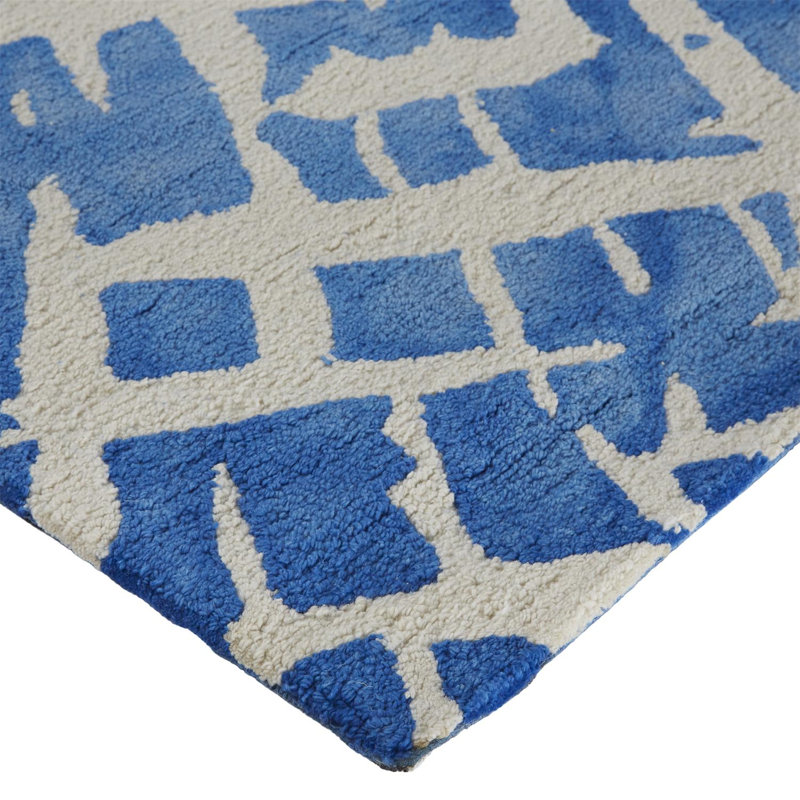 Tapis bleu / ivoire touffeté à la main Tarah, Tapis de couloir 2 pi 6 po x 8 pi