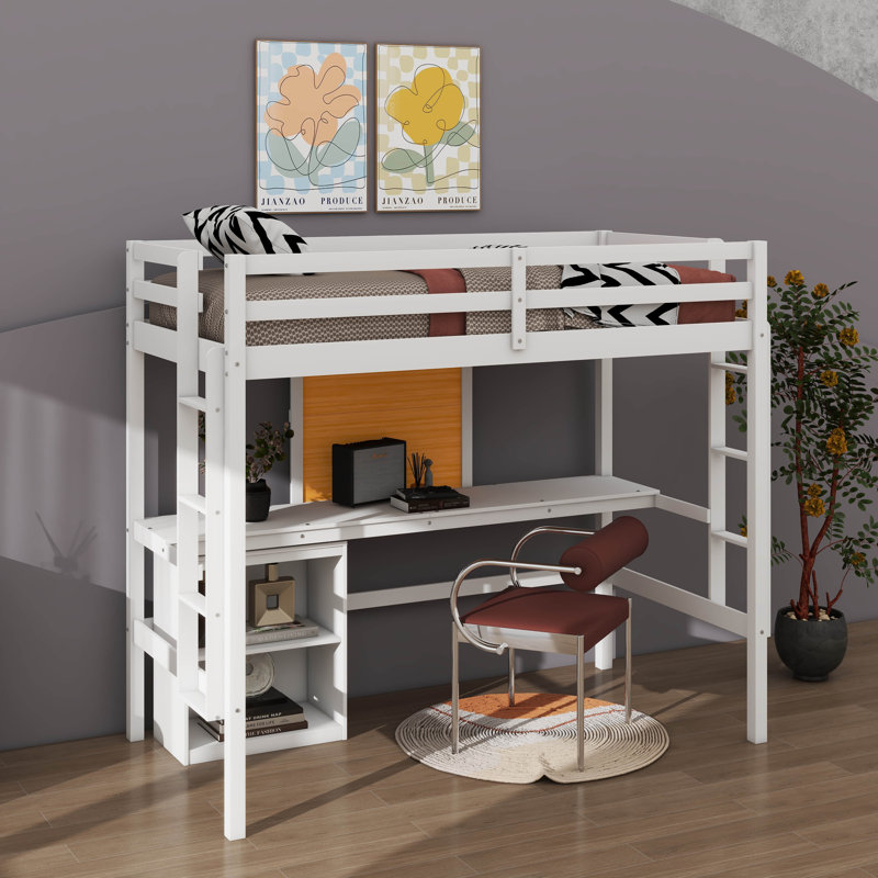 Loft Bed With Desk, Loft Bed With 2 Tier Drawers Cabinet And Writing Board, 2 Built-In Ladders, Twin, White
