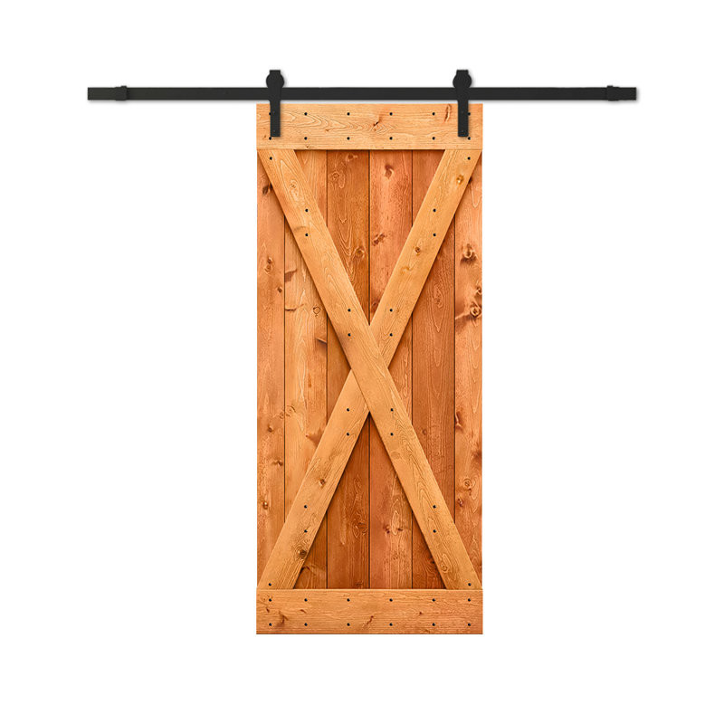 Porte de grange à panneaux et en bois avec quincaillerie d'installation, 20 po x 84 po, Noyer rouge, Noir mat