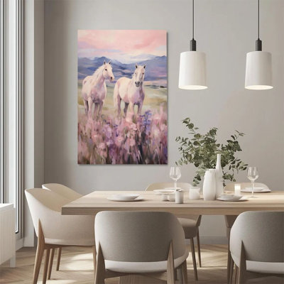 1 pièce, impression sur toile encadrée, deux chevaux blancs, paysage de montagne champ de fleurs, impression de peinture à l'huile impressionniste, parfait pour la décoration de la pièce salon chambre bureau cuisine salle de bain décor à la maison, cadeau de décoration murale idéal pour la maison