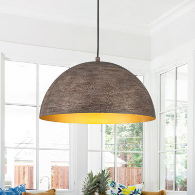 15.75-inch Hand-Brushed Retro Dome Pendant Light with Faux Wood  Inner Shade, Adjustable Hanging Ceiling Fixture