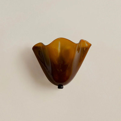 Contemporary Pecan Wall Light With Upward Glass Shade, Geometric Fixture, Amber