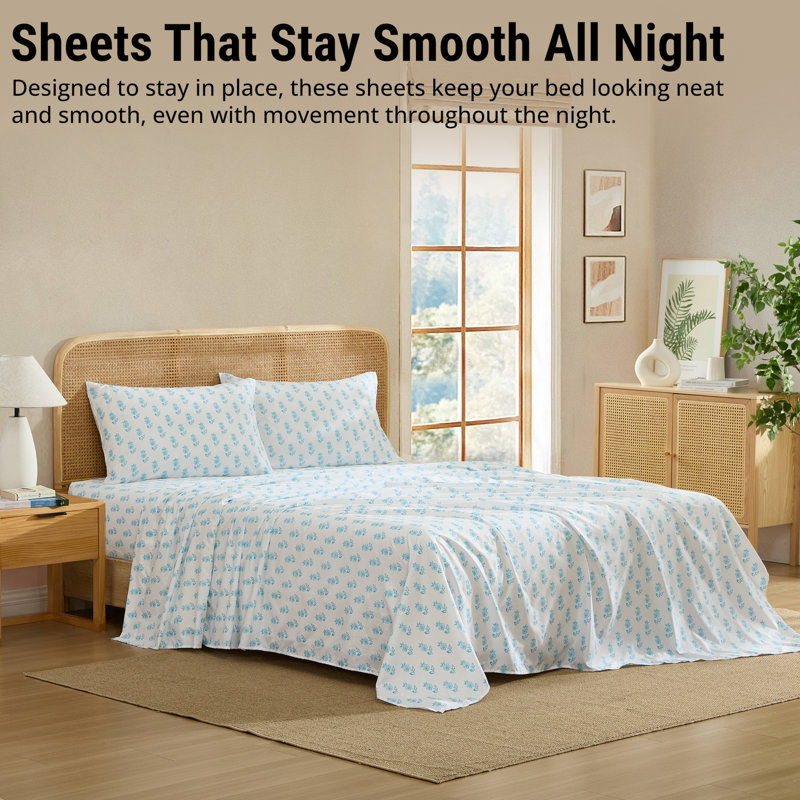 HLC.ME Floral Bed Sheets - Wrinkle Resistant & Ultra Soft - Fits Mattresses up to 15 Inches Deep (Blue)