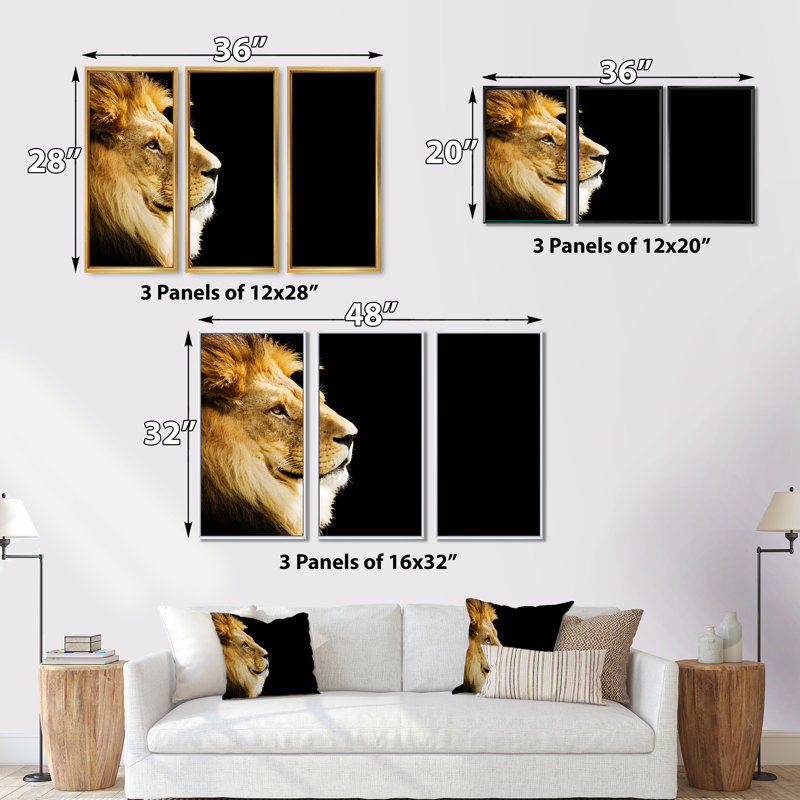 Portrait d'un grand lion sur fond noir - ensemble de 3 reproductions d'art encadrées sur toile, H 28 po x l 36 po x P 1 po