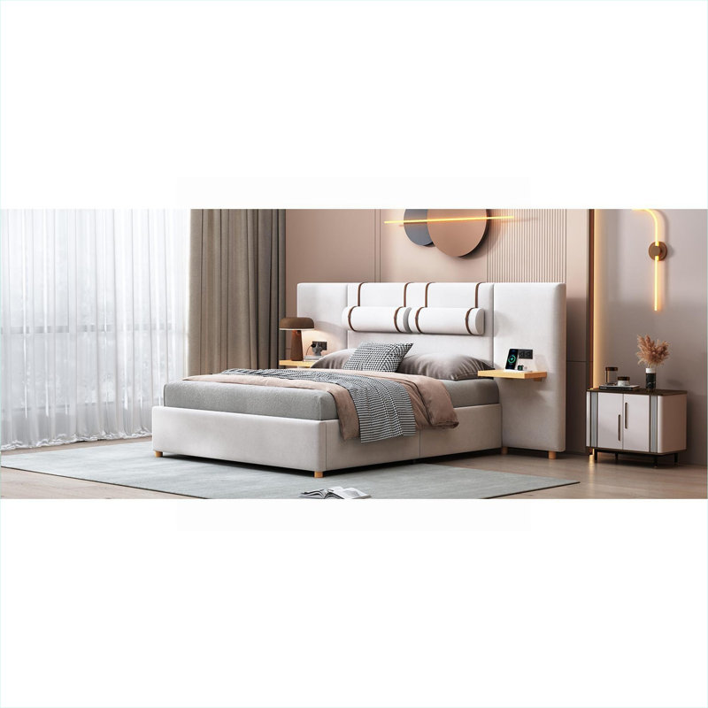 Lit plateforme grand en velours beige pour la chambre à coucher, avec charge intégrée et rangement latéral