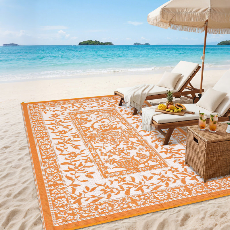 Reversible Floral Outdoor Rug Stain Resistant Waterproof UV Resistant Washable Lightweight Plastic Straw Mat for Patio Backyard Camping Beach