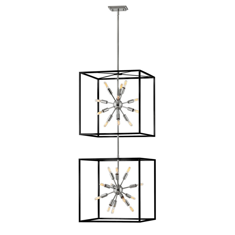 Luminaire suspendu en forme de cube à deux lumières ouvertes à 24 lumières Aros, noir et nickel poli