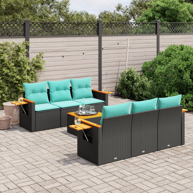  Ensemble de canapé de patio 7 pièces avec coussins en rotin de polyester noir