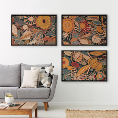 "Fleurs abstraites rustiques" 3 pièces