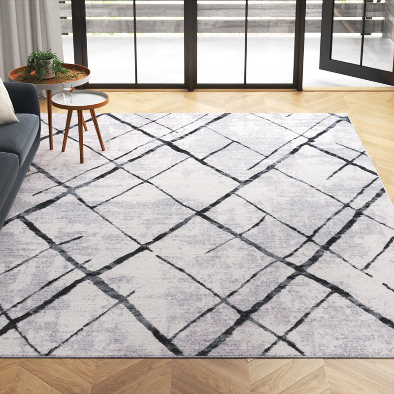 Asan Geometric Machine Woven Polyester Area Rug in Gray/Black, Runner 2'2" x 8'