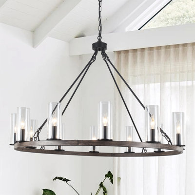 12 - Light Dimmable Wagon Wheel Chandelier With Clear Lampshade