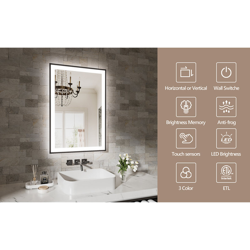Miroir de salle de bain à DEL sans cadre 20 po x 28 po, miroir intelligent, 28,03 po x 20,03 po