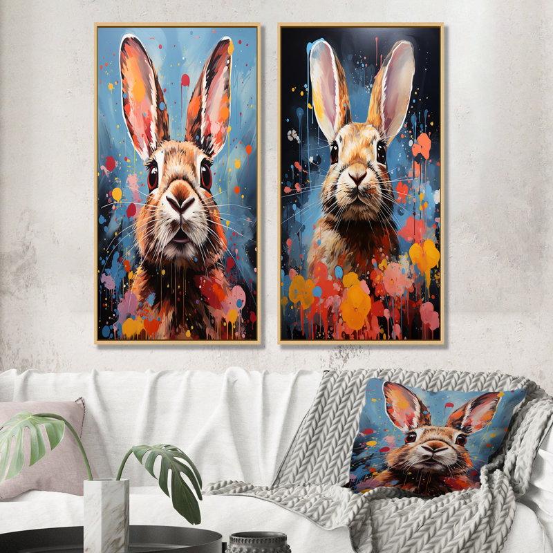 Pop Art Portrayal Of A Rabbit Hues - Rabbit Canvas Prints Set Of 2, 32" H x 33" W, Brown Floater Framed