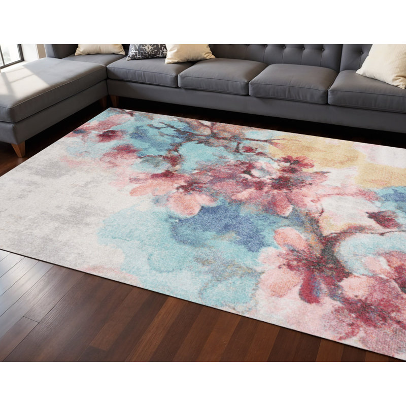 Tapis floral crème et rose 7 pi x 10 pi
