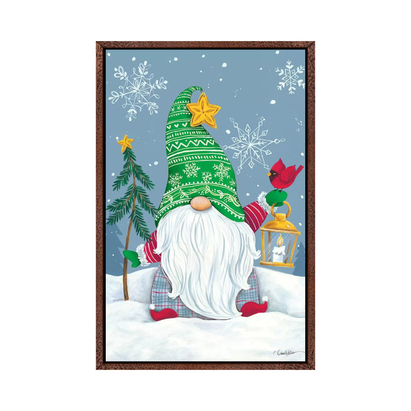 Snowy Gnome With Lantern by Diane Kater - Print on Canvas, 101.6 cm H x 66.04 cm W, Classic Brown Wood Framed