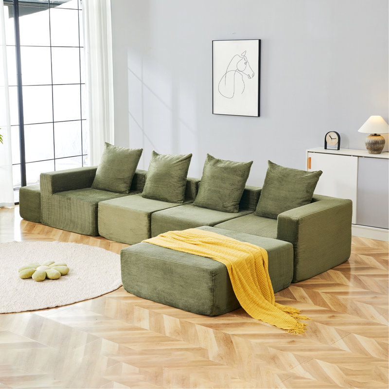 Canapé modulaire 4 places avec repose-pieds modulaire pour espaces de vie compacts, Vert