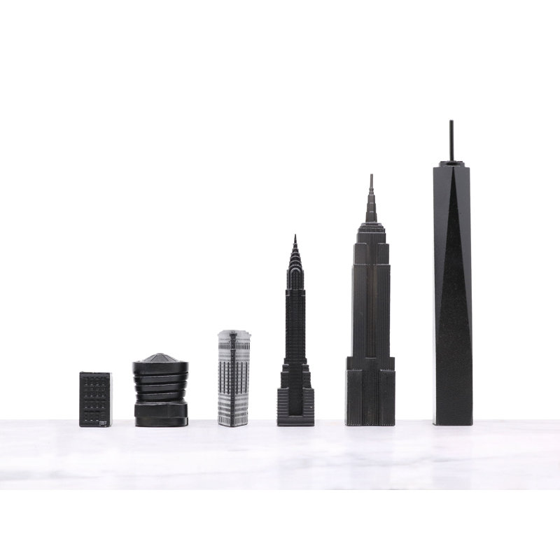 Acrylic New York Chess Set with Wood Map Board, Silver/Black