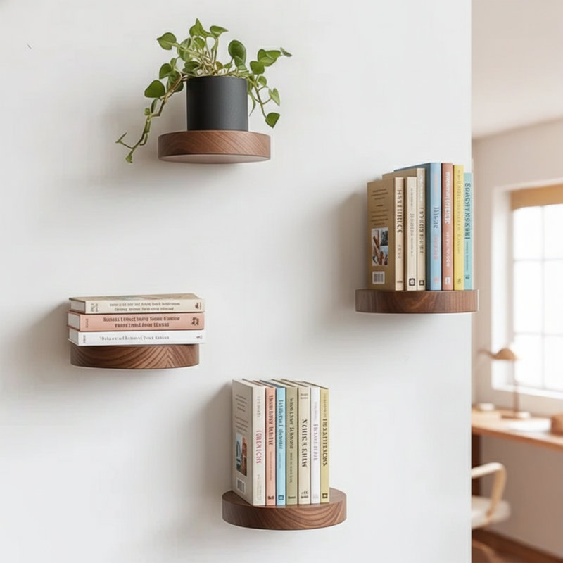 Ensemble de 4 tablettes murales décoratives rondes en bois massif pour plantes