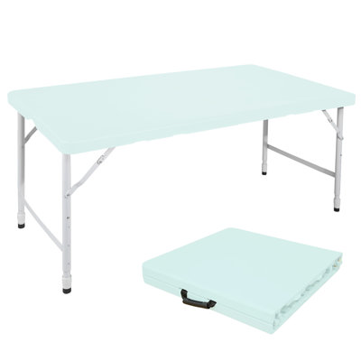 Table pliante portative bleue de 120 cm, poids maximal de 135 kg, utilisable à l'intérieur et à l'extérieur, pieds antidérapants, idéale pour les repas et les jeux. Facile à plier, surface résistante aux taches.