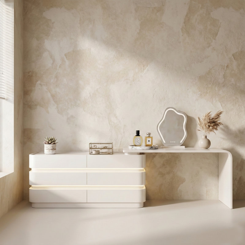 Bureau de coiffeuse moderne rétractable avec éclairage à DEL, grande coiffeuse à 6 tiroirs avec rangement, Beige