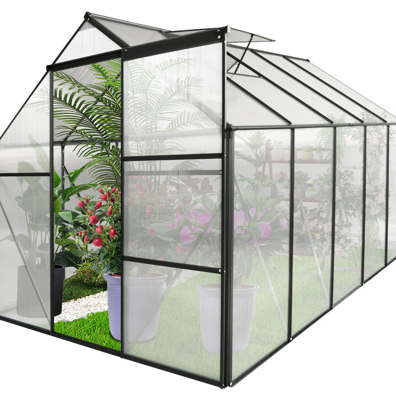 6X12 Ft Polycarbonate Greenhouse For Outdoor - Black With Adjustable Roof And Plant Being All Season Raised Base, Anchor, Galvanized Base Use