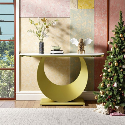 Console demi-lune avec plateau en faux marbre et base en métal, canapé d'entrée long et étroit (120 cm / 47 po)