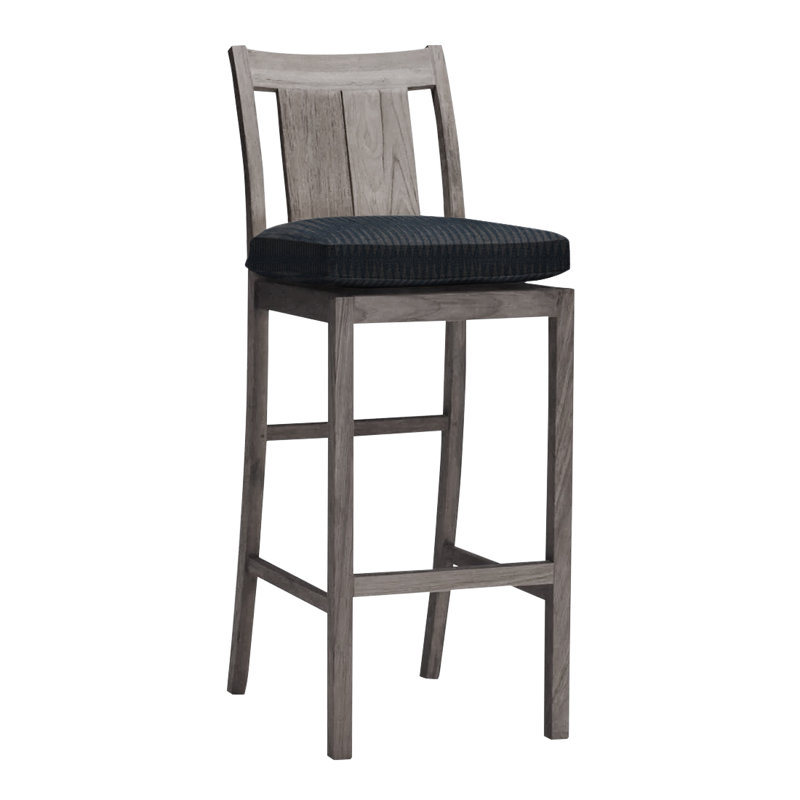 Croquet 24.5" Patio Bar Stool with Cushion, Rollo Lace InsideOut® Linen, No Welt, Oyster Teak