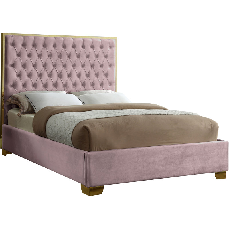 Spadaro Upholstered Platform Bed, Queen, Pink Velvet, Gold