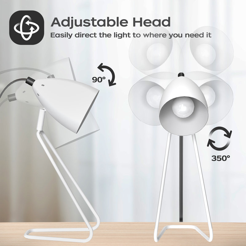 Modern Metal Table Lamp Set Of 2, Reading Bedside Lamps 350°Rotatable For Study Bedroom Dorm, White, White