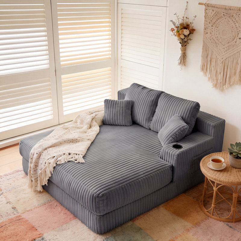  Corduroy Upholstered Chaise Lounge, Plush Chair Bed For Living Room, Sleeper Chair with Pillow, Side Pocket and Cup Holder