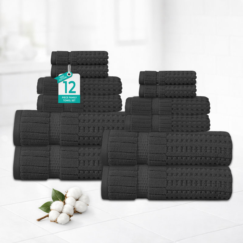 Ensemble de serviettes 12 pièces Willow - 100% coton peigné, qualité supérieure 630 g / m², gris foncé, ultra doux et très absorbant (ensemble de 4 serviettes de bain, 4 serviettes de toilette et 4 serviettes de toilette)