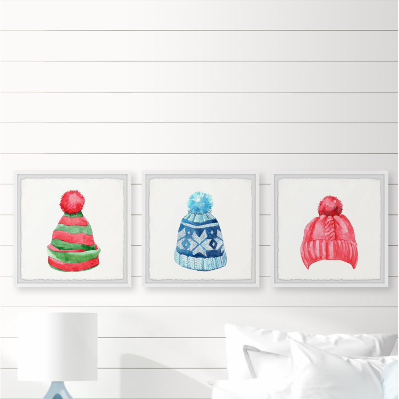 Chaney Chaney Winter Hats - 3 Piece Single Picture Frame Painting, 61cm H x 183cm W x 3.81cm D