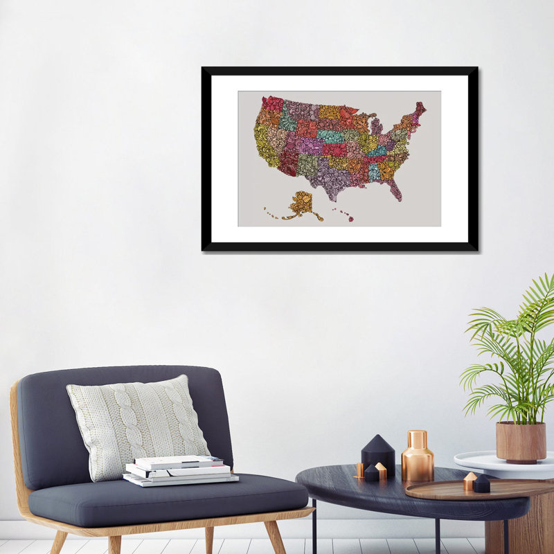 «US Map», impression sur toile, Papier d'art encadré noir, Blanc, H 24 po x l 32 po x P 1 po