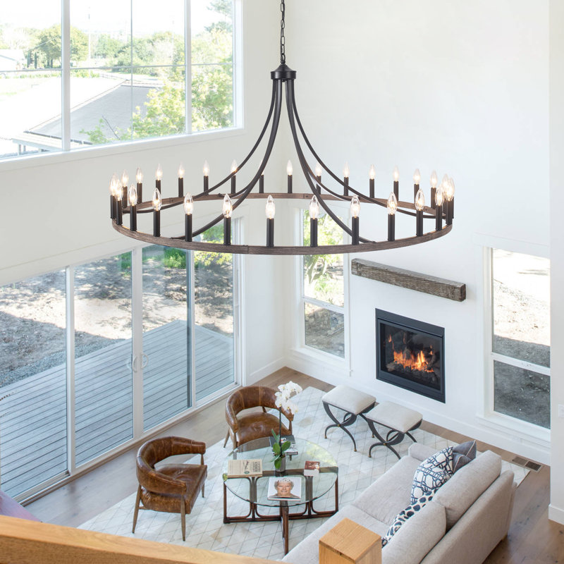 Hendon 30- Light Large Farmhouse Wagon Wheel Chandelier Candle Style Rustic Round Lights Fixture for Kitchen Island Living Room Foyer Entryway