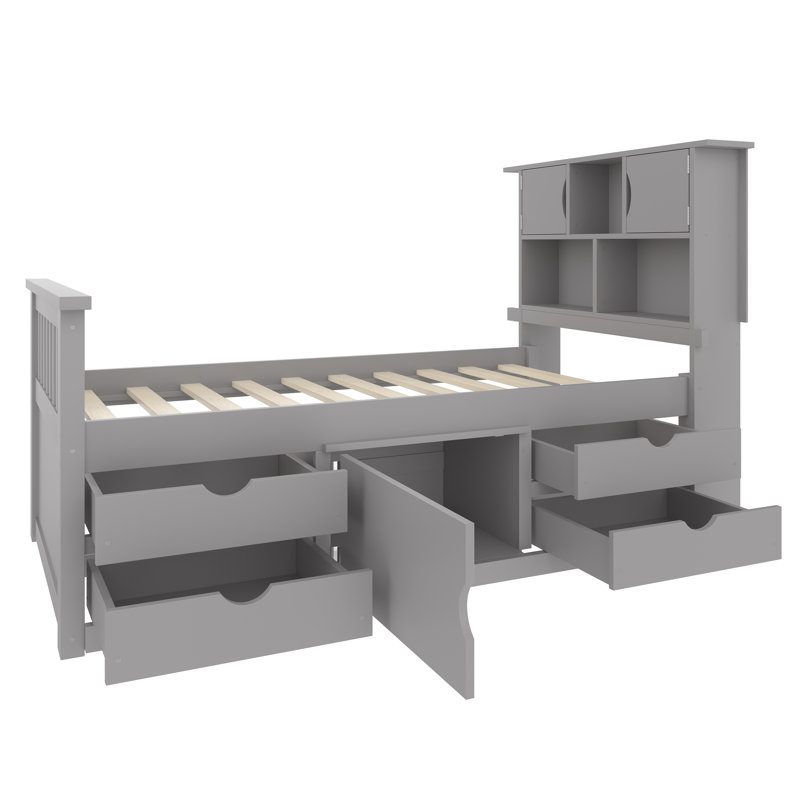 Structure de lit plateforme simple avec tête de lit bibliothèque, 4 tiroirs et tablettes de rangement réglables, conception peu encombrante, gris