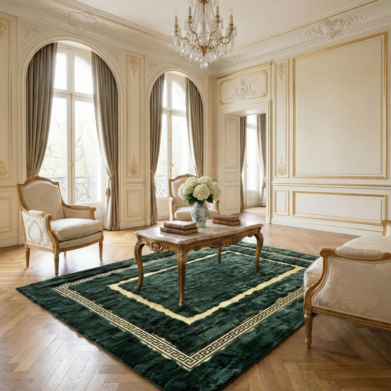 Green And Gold Rabbit Fur Rug, Emerald Green Area Rug,, Rectangle 8'10" x 12'