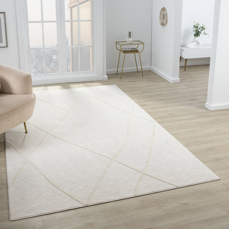 Abstract Modern High-Low/Carved Polyester Area Rug, Cream, Rectangle 10' x 14'1"