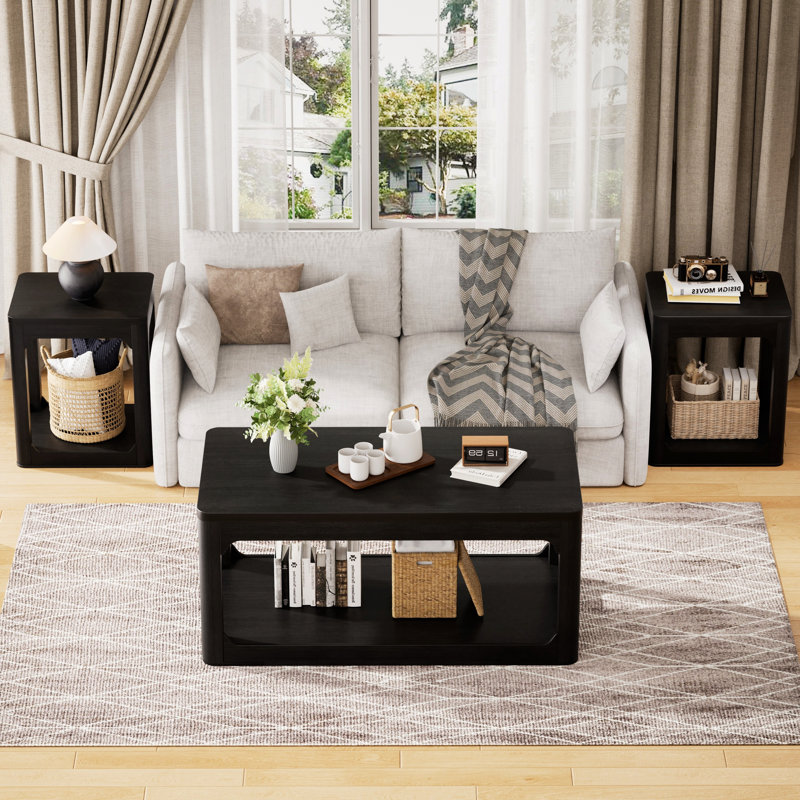 Ensemble de salon moderne 3 pièces, table basse et table d'appoint avec bords arrondis Modern, Black
